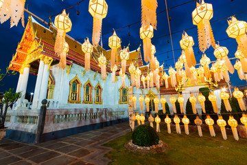 Wall Mural - Tons of lanterns are decoratiing inside Wat Benchamabophit, the Marble temple Bangkok during New Year Celebration at dusk.