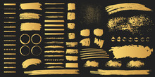 Big Collection Of Hand Drawn Golden Grunge Torn Box Shapes. Vector Isolated Background. Edge Gold Frames. Distressed Brush Strokes, Blots, Borders And Rough Dividers.