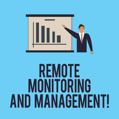 Poster - Word writing text Remote Monitoring And Management. Business concept for Long distance monitor data analysisager Man in Business Suit Standing Pointing a Board with Bar Chart Copy Space