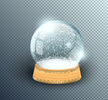 Vector Snow Globe Empty Template Isolated On Transparent Background. Christmas Magic Ball. Glass Ball Dome, Wooden Stand With Golden Crown Decor. Winter Holiday Crystal, Snow Inside. Xmas Toy Sphere.