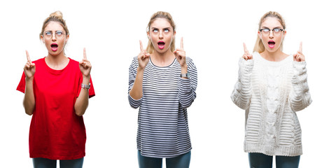 Sticker - Collage of young beautiful blonde woman over isolated background amazed and surprised looking up and pointing with fingers and raised arms.