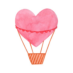 Wall Mural - Hand drawn watercolor illustration, hot air balloon in the sky. Valentines day, aquarelle illustration. Isolated objects perfect for Valentine's day card or romantic post cards. Design heart elements.