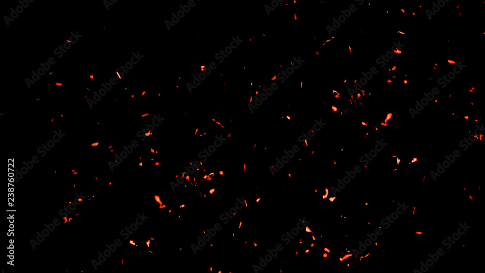 Fire effect dust debris isolated on black background, motion powder ...