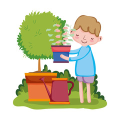 Poster - boy lifting houseplant with sprinkler and tree