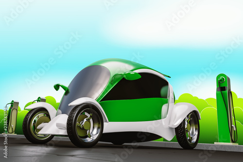3d Rendering Low Angle Shot Of Green Electric Car Concept At The