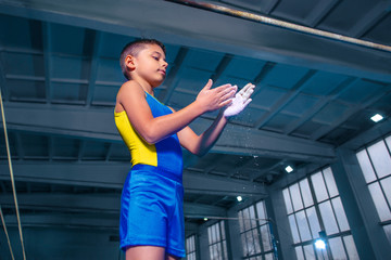 Wall Mural - The little boy before sports gymnastics on a parallel bars at gym. The performance, sport, acrobat, acrobatic, exercise, training concept