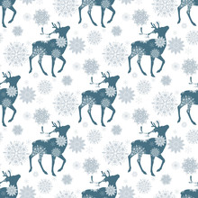 Winter Seamless Pattern With Blue Reindeer And Snowflakes On White Background