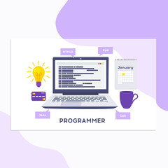 Workplace of programmer or coder. Vector illustration, programmer coding a new project using computer, Web Development, website screens, program code, engineering.