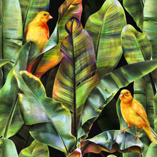 Seamless Pattern With Banana Leaves And Yellow Birds On A Dark Background. Tropical Background For Fabrics, Wallpapers, Textiles. Illustration With Colored Pencils.