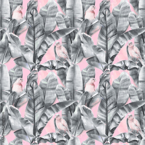 Stoffe zum Nähen Seamless pattern with banana leaves and exotic birds on a gentle pink background. Tropical background in gray tinted colors for fabrics, wallpapers, textiles. Illustration with colored pencils.