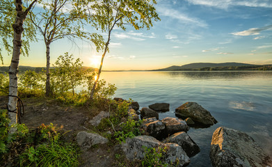 Wall Mural - Beautiful summer lake scenery at evening