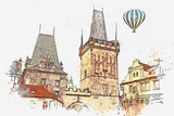Fototapeta Paryż - an illustration of a tower and other buildings at the entrance to the Charles Bridge in Prague in the Czech Republic. Traditional architecture. Hot air balloon flies in the sky.