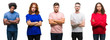 Composition of african american, hispanic and caucasian group of people over isolated white background skeptic and nervous, disapproving expression on face with crossed arms. Negative person.