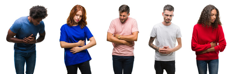 Canvas Print - Composition of african american, hispanic and caucasian group of people over isolated white background with hand on stomach because nausea, painful disease feeling unwell. Ache concept.