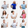 © Krakenimages.com - Collage of group of young people holding soccer ball over isolated background very happy pointing with hand and finger to the side