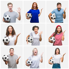 Sticker - Collage of group of young people holding soccer ball over isolated background very happy and excited, winner expression celebrating victory screaming with big smile and raised hands