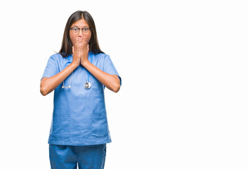 Sticker - Young asian doctor woman over isolated background shocked covering mouth with hands for mistake. Secret concept.