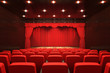 Leere Theater Bühne mit rotem Vorhang und Sitzreihen, 3D Rendering