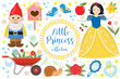 Cute fairytale princess snow white set objects. Collection design element with a little pretty girl, gnome, apple, flowers, birds. Kids baby clip art funny smiling character. Vector illustration