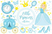 Cute Little Princess Cinderella Set Objects. Collection Design Element With Pretty Girl, Carriage, Watch, Mirror, Accessories. Kids Baby Clip Art Funny Smiling Character. Vector Iillustration