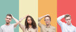 Collage of a group of people isolated over colorful background confuse and wonder about question. Uncertain with doubt, thinking with hand on head. Pensive concept.