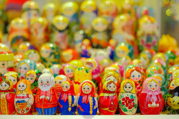 Matrioshka dolls at christmas souvenir market in Russia