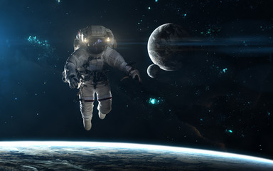 Wall Mural - astronaut, planets, star clusters in the light of a blue star. deep space landscape. science fiction