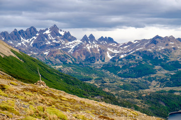 Basic trail marker on Cerro Bandera for the 'Dientes de Navarino' hike, Puerto Williams, Tierra del Fuego, Chile