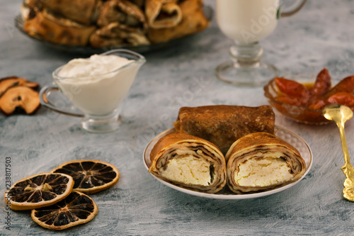 Cut Pancake Stuffed With Cottage Cheese Delicious And Nutritious