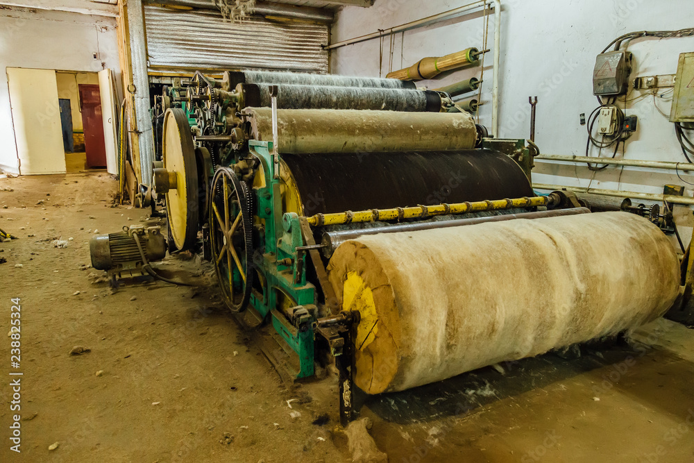 Felt boot production line. Wool processing machine. Carding of wool ...
