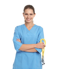 Poster - Portrait of young medical assistant with stethoscope on white background