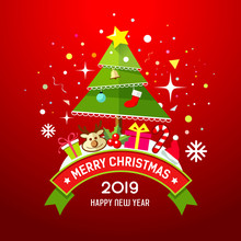 Merry Christmas Tree And Gift Box Happy New Year Design On Red Background, Vector Illustration