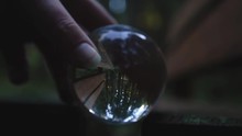 Female Hand Putting A Crystal Ball On A Bench In The Middle Of A Forest Reflecting Autumnal And Moody Landscape Upside Down