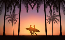 Silhouette Couple Surfer Walking And Carrying Surfboard On Beach With Palm Tree Under Sunset Sky Background