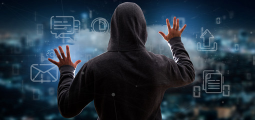 Poster - Man hacking a Cloud of multimedia icon 3d rendering