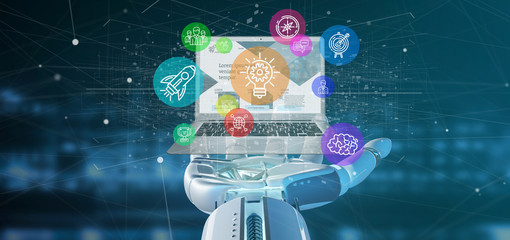 Poster - cyborg hand holding a cloud of colorfull start up icon bubble with a laptop 3d rendering