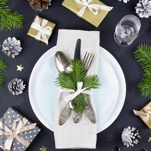 Christmas Table Setting With Plates Silverware Gift Box And