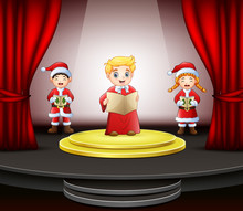 Cartoon Three Children Singing On The Stage