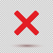 Cross red icon isolated on transparent background. Symbol No or X button for correct, wrong and failed decision. Vector flat sign or mark element .