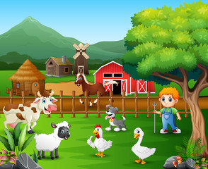 Sticker - Cartoon of a farmer at his farm with a bunch of farm animals