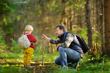 Wall Mural - Father and his little son walking during the hiking activities in forest at sunset.