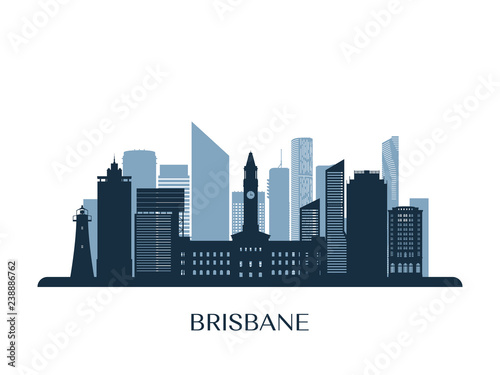 Photographie Brisbane skyline, monochrome silhouette. Vector illustration.