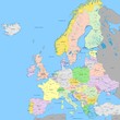 Europe political map | High detail color vector atlas with capitals, cities, towns names, seas, rivers and lakes | High resolution map of Europe in Mercator projection