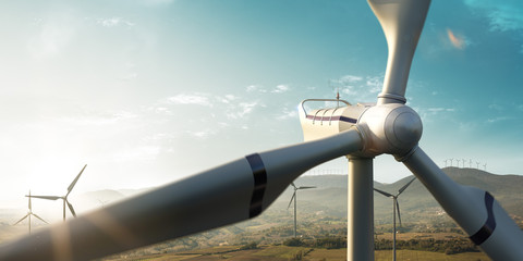 windmill generator top wiev on the beautiful background.