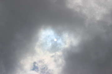 dark grey gray rain clouds blue sky center