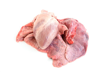 Raw pork heart and lungs isolated on white background.