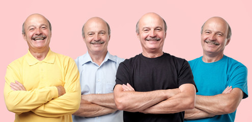 Horizontal collage portrait of senior man in different clothes laughing and looking with smile at camera. He is looking wonferful in any t-shirt