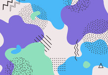 Vector Abstract Pop Art Pattern Background With Lines And Dots. Modern Liquid Splashes Of Geometric Shapes In Trendy Memphis Style