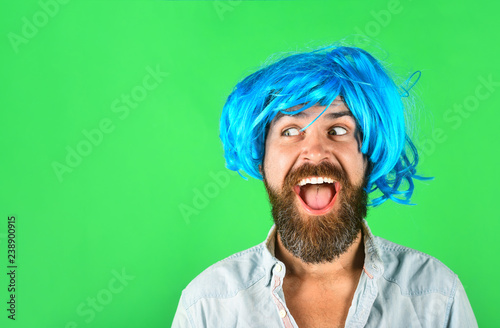 Funny Bearded Man Wearing Blue Wig Handsome Bearded Man With Stylish Mustache In Wig Fashion Art And Creativity Concept Barbershop Hipster In Periwig Happy Stylish Man In Blue Hair Copy Space