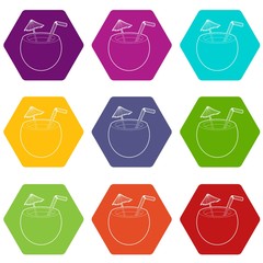 Poster - Coconut cocktail icons 9 set coloful isolated on white for web